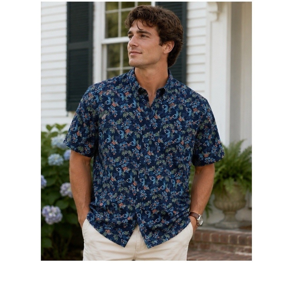 Club Room Luxury Men's LINEN Button Down Shirt Sz L Navy Floral Short Sleeve